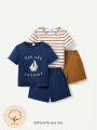 Cozy Cub Baby Boys' Striped Round Neck Short Sleeve Tee, Cartoon Sailboat Pattern Tee, Solid Color Shorts 4pcs/Set