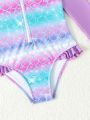 Young Girls' Cute Fish Scale Print Long Sleeve One-Piece Swimsuit With Front Zipper