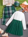 Teen Girls' Plaid Coat + Solid Color Top + Pleated Skirt Outfit
