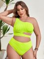 SHEIN Swim Basics Plus Size One Shoulder Cutout Ribbed Knit High Waisted Bikini Swimsuit Set