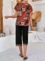 EMERY ROSE Women'S Full Print Short Sleeve Top And Slant Pocket Pants Set