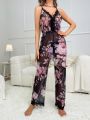 Floral Print Contrast Lace Crisscross Back Mesh Cami Sleep Jumpsuit