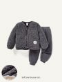 Cozy Cub Baby Boy Letter Patched Detail Teddy Jacket & Sweatpants