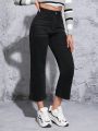 SHEIN PETITE High Waist Straight Leg Jeans With Washed Finish