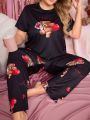 Plus Size Women's Bear Printed Short Sleeve T-Shirt And Shorts Home Wear Set