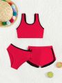 Little Girls' Color Block Backless Vest Style Swimsuit Set