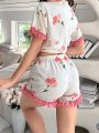 Women'S Floral Print Short Sleeve And Shorts Pajama Set