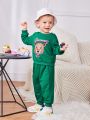 SHEIN Baby Boys' Casual Tiger & Letter Print Long Sleeve Sweatshirt With Elastic Waistband Pants Set