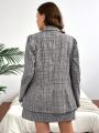 SHEIN Privé Plus Size Women's Double Breasted Plaid Suit Jacket And Skirt Set