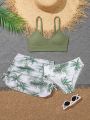 Tween Girls' Random Palm Tree Printed Bikini Swimsuit Set (3pcs)