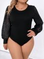 Women's Plus Size Round Neck Patchwork Black Jumpsuit