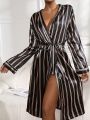 Striped Belted Satin Robe