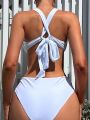 SHEIN Swim Mod White Butterfly Knot Decorated Bikini Swimsuit Set