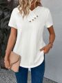 V-Neck Short Sleeve T-Shirt With Overlapping And Pleats Buttons Detailing