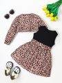 SHEIN Kids EVRYDAY Little Girls' Casual And Cute Fashionable Leopard Printed Short Top, Sleeveless Heart Belted Dress Set For Autumn And Winter