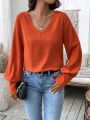 SHEIN LUNE Women's Solid Color V-neck Lantern Sleeve Fashion Shirt