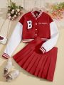 Teen Girl Letter Graphic Striped Trim Drop Shoulder Two Tone Varsity Jacket & Pleated Skirt