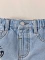 Toddler Boys' Vintage Street Style Washed Ripped Cute Bear Printed Frayed Hem Denim Shorts In Light Blue