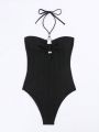 SHEIN Swim Chicsea One Piece Swimsuit With Pearl Decoration & Hollow Out Design Detail, Halter Neckline