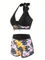 Women'S Tropical Random Print Halterneck Separated Swimsuit