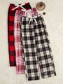 3pcs Plaid Print Bow Front Sleep Pants