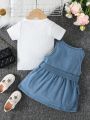 Infant Girls' Fashionable Casual Short Sleeve Ribbed T-Shirt And Denim Dress With Metal Buckle Waistband And Pocket Decoration For Spring/Summer