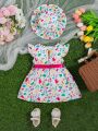 Baby Girl Cartoon Graphic Ruffle Trim Belted Dress With Hat