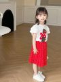 Girls' Cute Printed Short Sleeve T-Shirt And Polka Dot Skirt Set For Toddler Girls