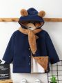 SHEIN Young Boy 3D Ear Design Hooded Fleece Overcoat With Scarf