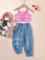 SHEIN Kids EVRYDAY Girls' (Little) Ribbed Bow Strap Cami And Denim Pants Two Piece Set