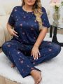 Plus Size Women's Heart Printed Short Sleeve Pajama Set