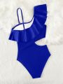 Cut Out Ruffle Trim Asymmetrical Neck One Piece Swimsuit