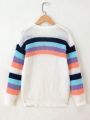 Tween Girl Rainbow Striped Pattern Drop Shoulder Open Front Cardigan