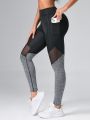 Yoga Future Contrast Color Panel Yoga Leggings Mesh Insert Gym Tights With Phone Pocket