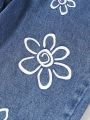 Girls' Sketch Flower Printed Straight Cut Jeans