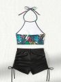 SHEIN Swim Vcay Women'S Leaf Pattern Cami Vest Style Bikini Set