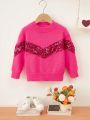 SHEIN Kids CHARMNG Young Girl Contrast Sequin Drop Shoulder Fuzzy Sweater