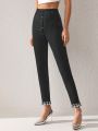 K by AKW High-Waisted Black Denim Jeans With Optional Houndstooth Cuff