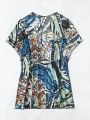 SHEIN Swim BohoFeel Women's Full Print V-neck Batwing Sleeve Cape Top