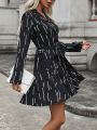 SHEIN LUNE Printed Turn-down Collar Buttoned Belted Dress