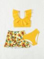 Little Girl'S Ear-Trimmed Sunflower Print Swimsuit Set