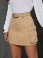 SHEIN LUNE Belted Cargo Denim Skirt