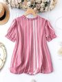 SHEIN LUNE Plus Striped & Polka Dot Print Frill Trim Notched Neck Puff Sleeve Blouse