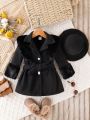 Baby Girl Fuzzy Modified Button-up Belt Long Coat And Hat Autumn And Winter