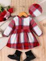 Baby girl cute retro plaid dress toddler fashion British hat + autumn and winter dress set