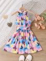 SHEIN Kids HYPEME Toddler Girls Tie Dye Butterfly Print Belted Halter Dress