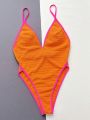 Colorblock Halter Neck Tie Back Monokini With Contrast Trim