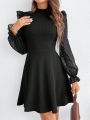 SHEIN Frenchy Mesh Tufted Stand Collar Dress With Ruffle Long Sleeves