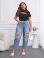 SHEIN Privé Plus Size Women's Straight Leg Ripped Denim Jeans