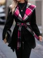 Plaid-Lined Belted Hooded Overcoat